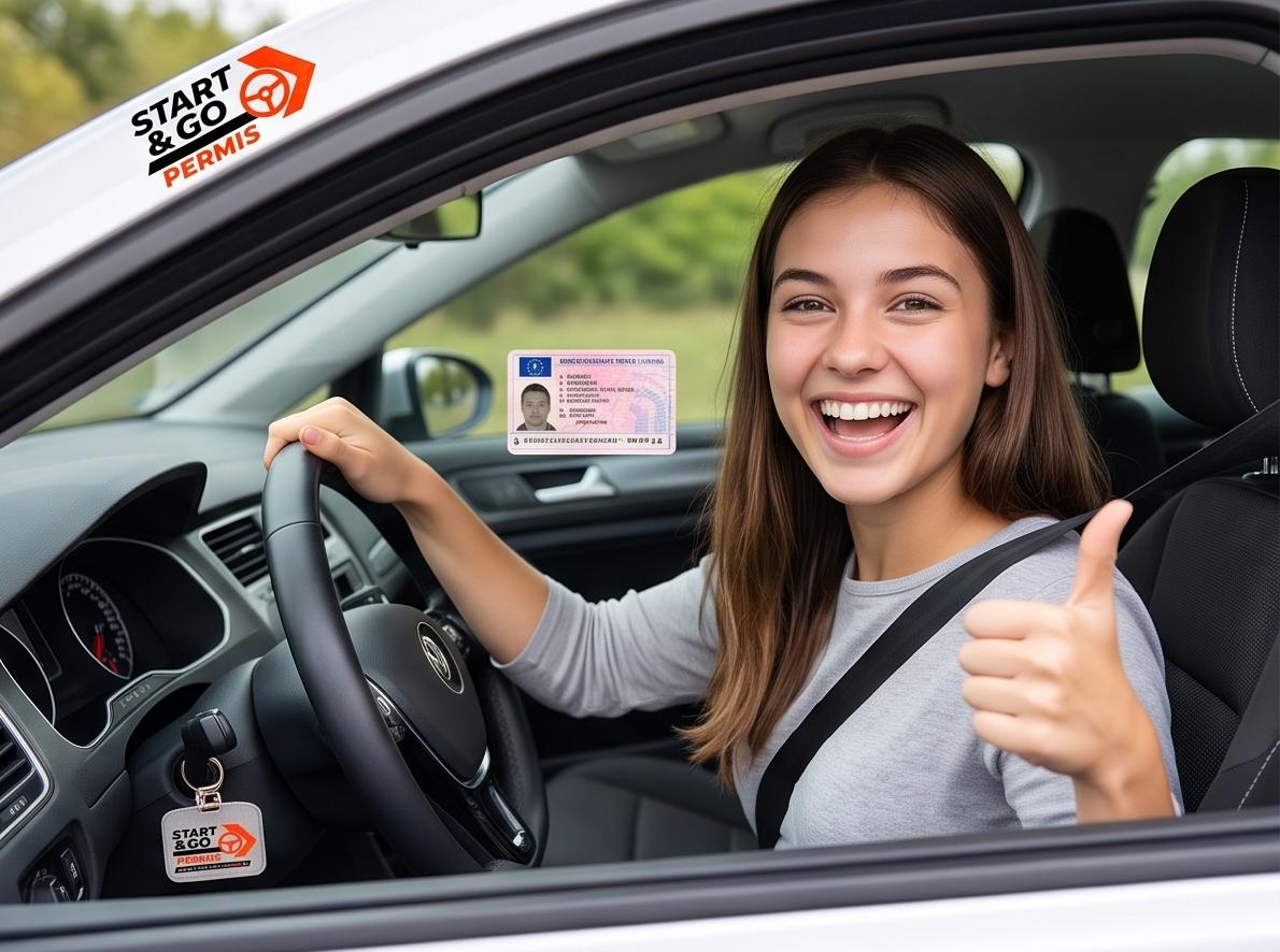 Jeune conductrice Start & Go Permis heureuse avec son permis obtenu en conduite accompagnée